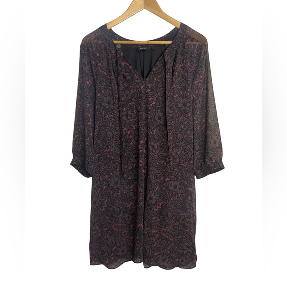 Reitmans Black Floral Print Dress with Tie Neck & 3/4 Sleeves Size L - Picture 1 of 6